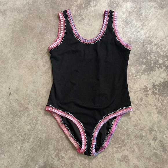 PQ Platinum Swimwear Girls‎ 16 Rainbow Embroidered Scoop One Piece Black